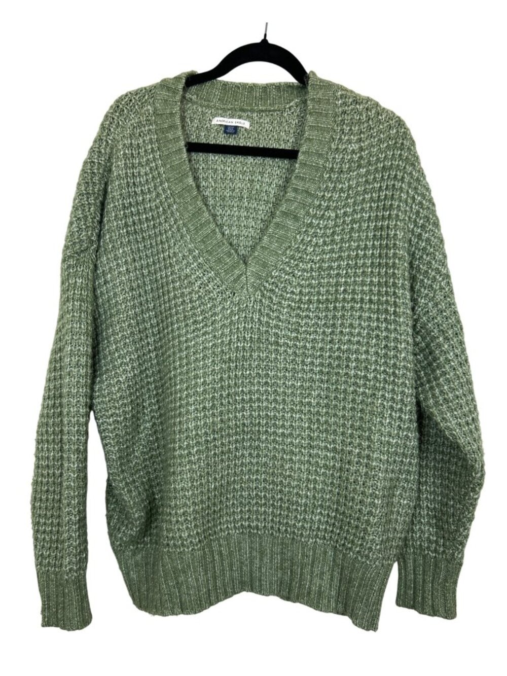 American Eagle Waffle Knit Sweater Women's S Green V Neck Oversized Chunky Cozy